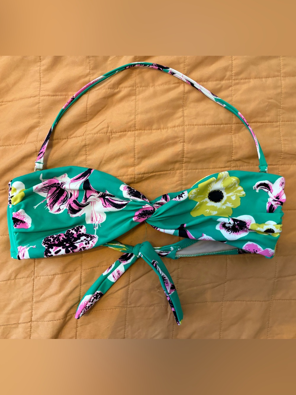 J. Crew Green Floral Bandeau Bikini Top with Tie